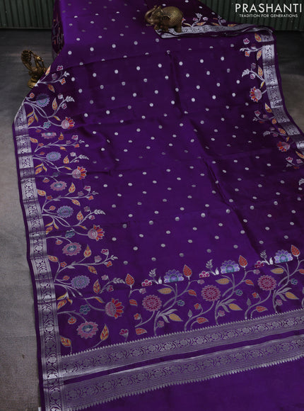 Banarasi poona silk saree purple with silver zari woven buttas and silver zari woven floral design border