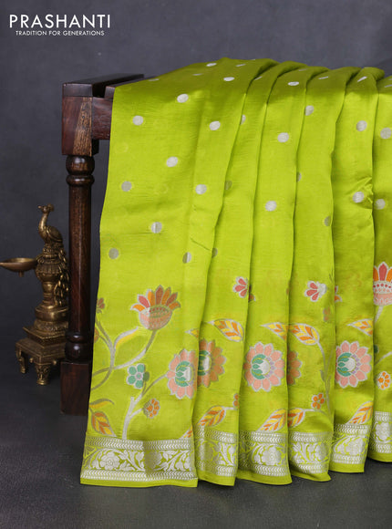 Banarasi poona silk saree lime green with silver zari woven buttas and silver zari woven floral design border