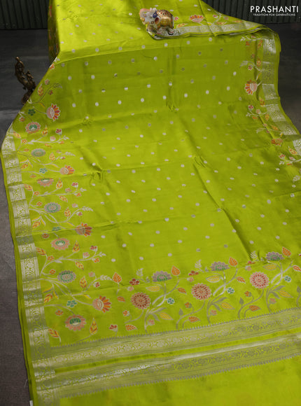 Banarasi poona silk saree lime green with silver zari woven buttas and silver zari woven floral design border