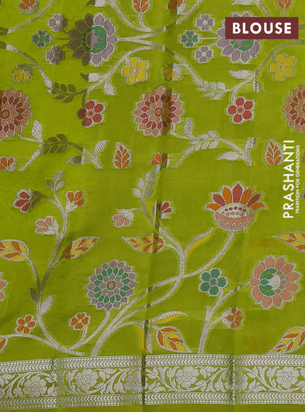 Banarasi poona silk saree lime green with silver zari woven buttas and silver zari woven floral design border