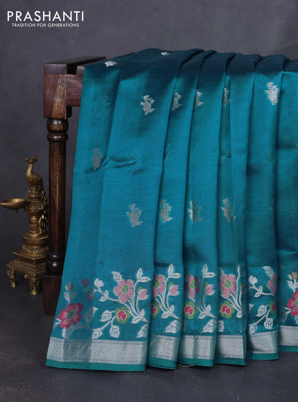 Banarasi poona silk saree peacock blue with silver zari woven buttas and silver zari woven floral design border