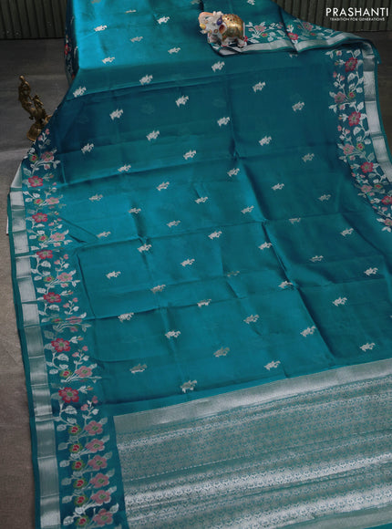 Banarasi poona silk saree peacock blue with silver zari woven buttas and silver zari woven floral design border