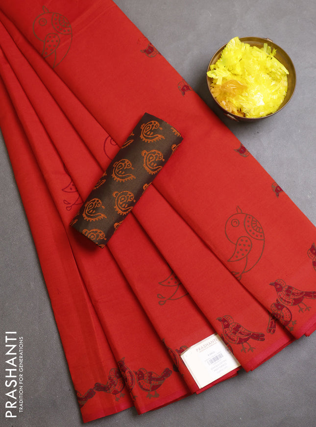 Semi silk cotton saree orange and military green with butta prints and printed border