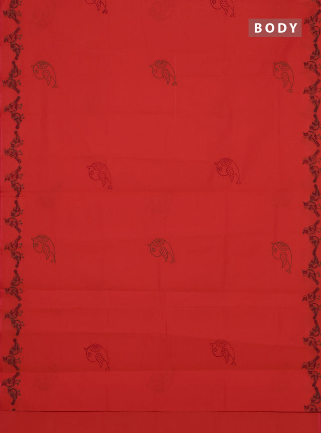 Semi silk cotton saree orange and military green with butta prints and printed border