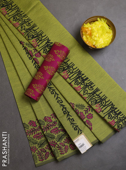 Semi silk cotton saree light green and pink with butta prints and printed border