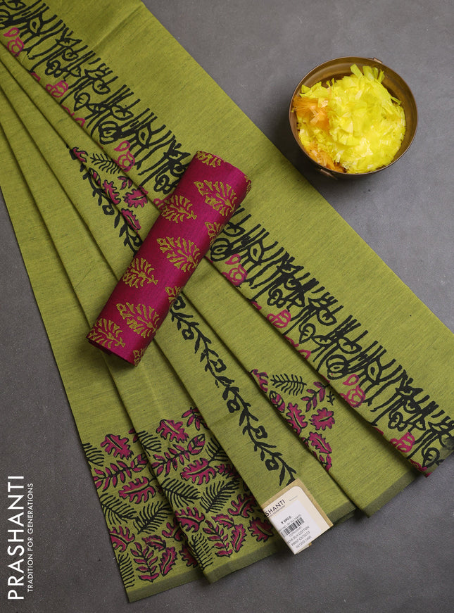Semi silk cotton saree light green and pink with butta prints and printed border