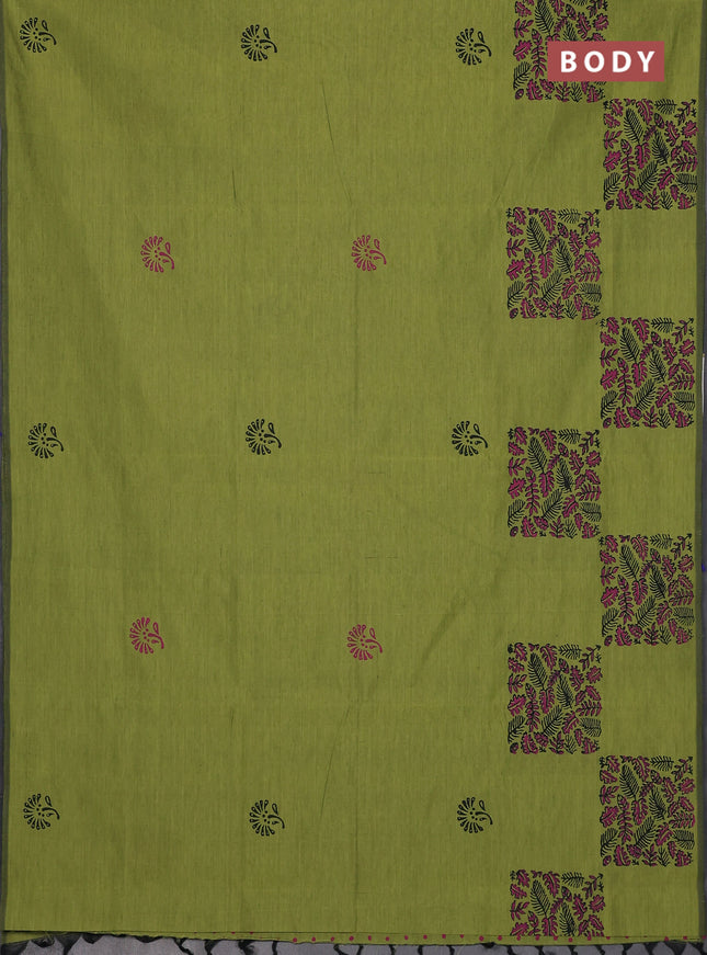 Semi silk cotton saree light green and pink with butta prints and printed border