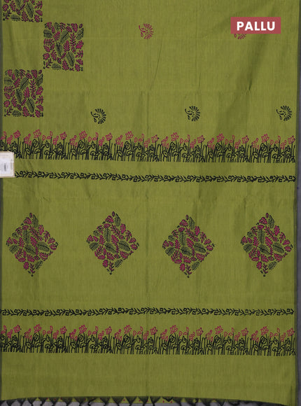Semi silk cotton saree light green and pink with butta prints and printed border