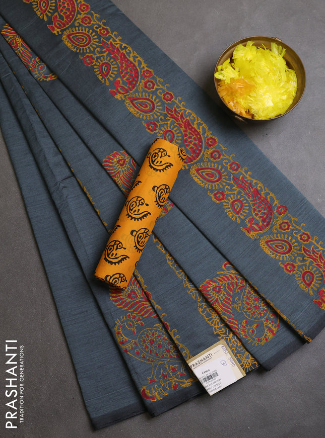 Semi silk cotton saree grey and yellow with plain body and peacock butta border