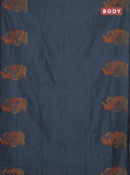 Semi silk cotton saree grey and yellow with plain body and peacock butta border