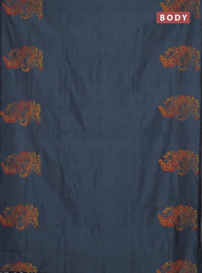 Semi silk cotton saree grey and yellow with plain body and peacock butta border