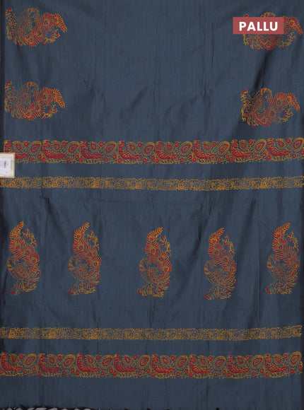 Semi silk cotton saree grey and yellow with plain body and peacock butta border