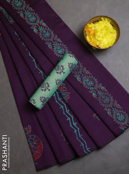 Semi silk cotton saree purple and teal green with annam butta prints and butta printed border