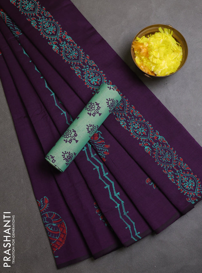 Semi silk cotton saree purple and teal green with annam butta prints and butta printed border