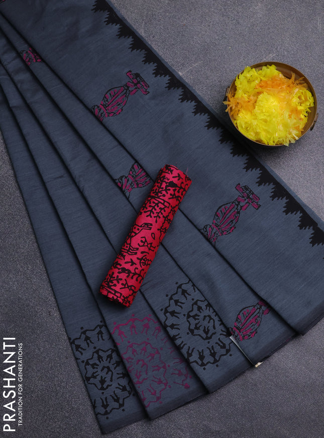 Semi silk cotton saree dark grey and pink with butta prints and warli printed border