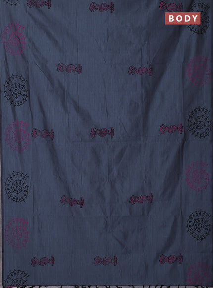 Semi silk cotton saree dark grey and pink with butta prints and warli printed border
