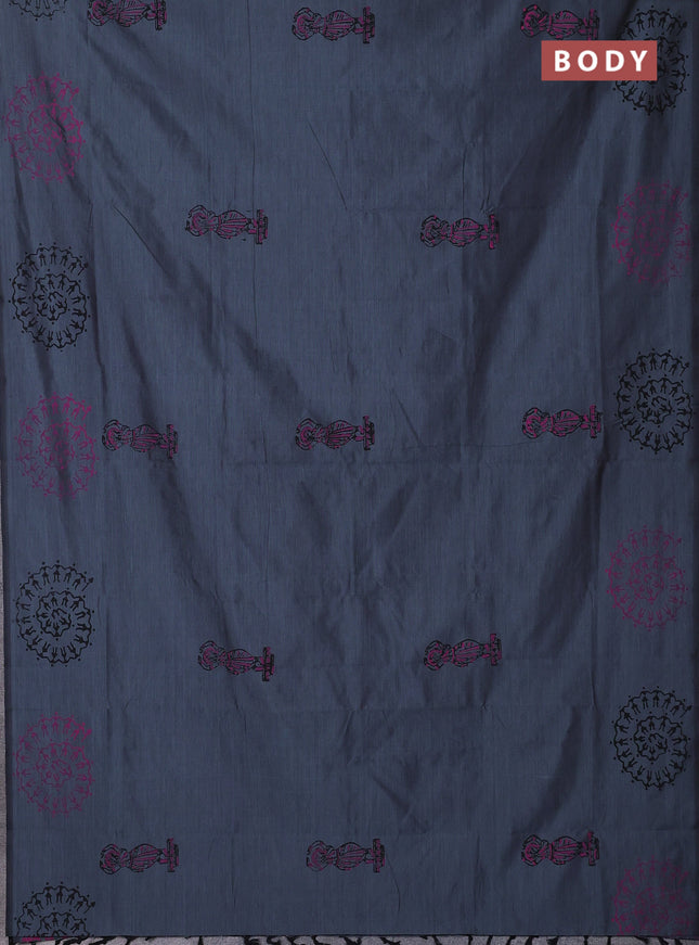 Semi silk cotton saree dark grey and pink with butta prints and warli printed border