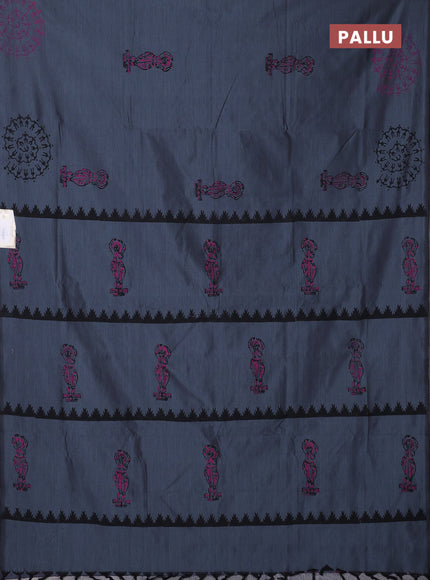 Semi silk cotton saree dark grey and pink with butta prints and warli printed border