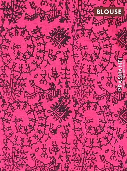 Semi silk cotton saree dark grey and pink with butta prints and warli printed border