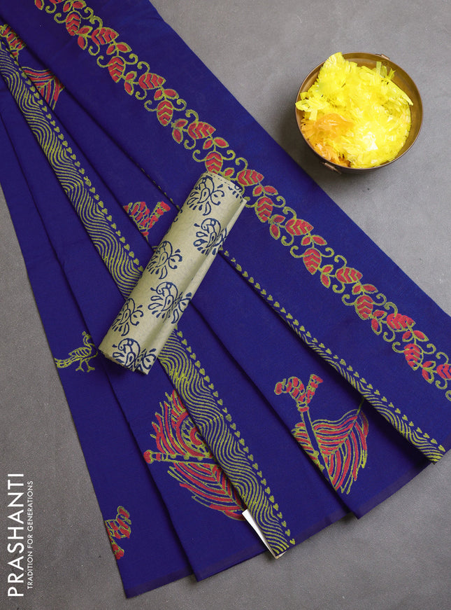 Semi silk cotton saree blue and elaichi green with peacock butta prints and butta printed border