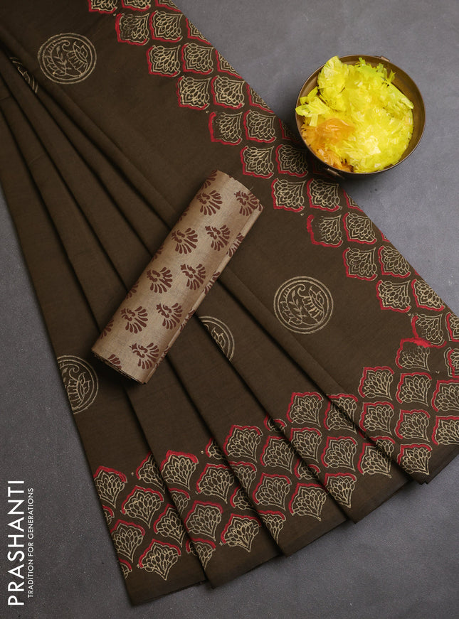 Semi silk cotton saree military green and sandal with butta prints and printed border