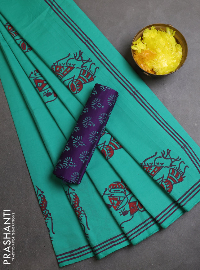 Semi silk cotton saree teal green and violet with plain body and warli butta printed border