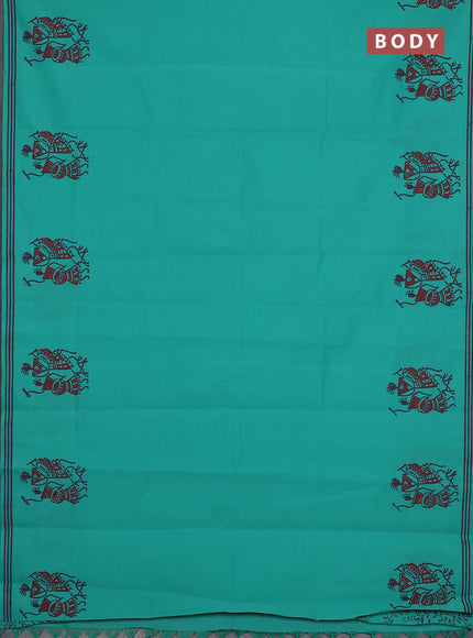 Semi silk cotton saree teal green and violet with plain body and warli butta printed border