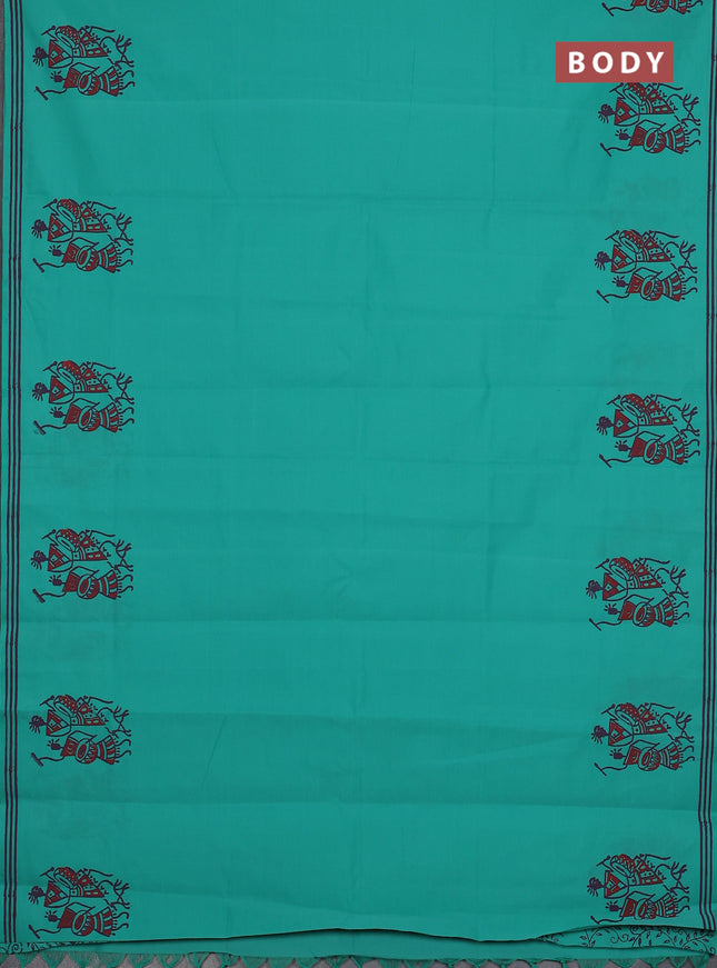 Semi silk cotton saree teal green and violet with plain body and warli butta printed border