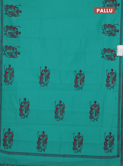 Semi silk cotton saree teal green and violet with plain body and warli butta printed border