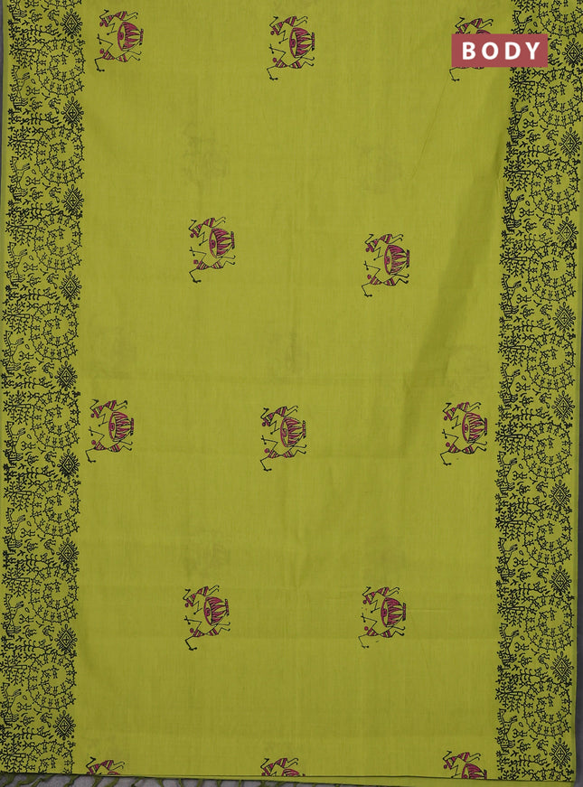 Semi silk cotton saree fluorescent green and purple with butta prints and warli printed border