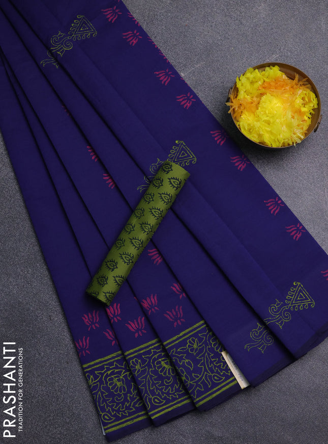 Semi silk cotton saree blue and light green with plain body and printed border