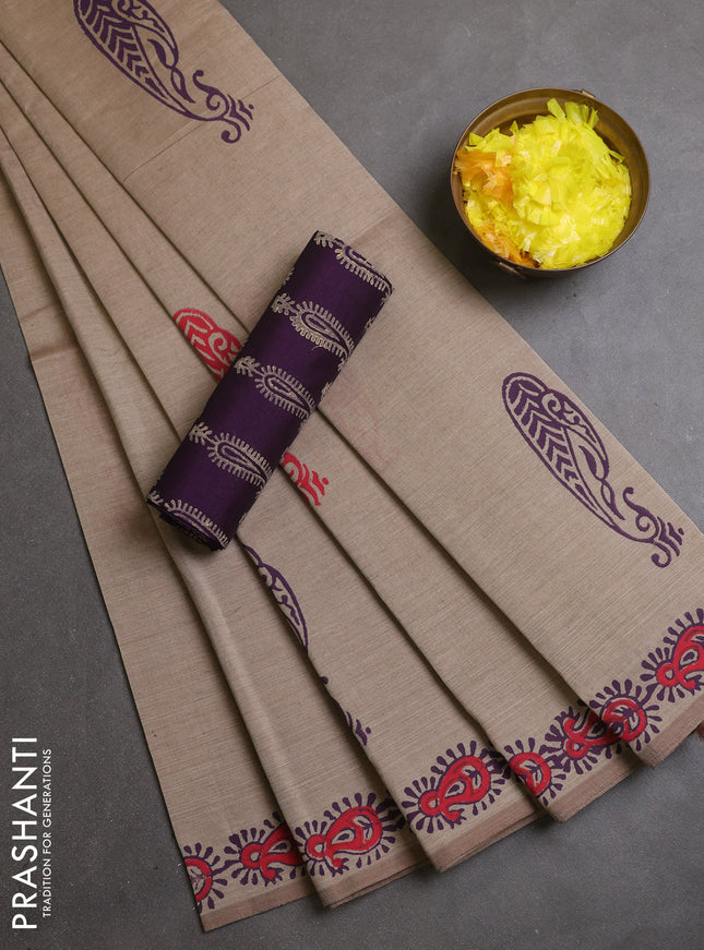 Semi silk cotton saree beige and purple with paisley butta prints and printed border