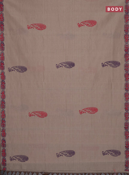 Semi silk cotton saree beige and purple with paisley butta prints and printed border