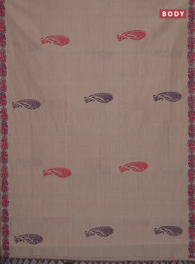 Semi silk cotton saree beige and purple with paisley butta prints and printed border