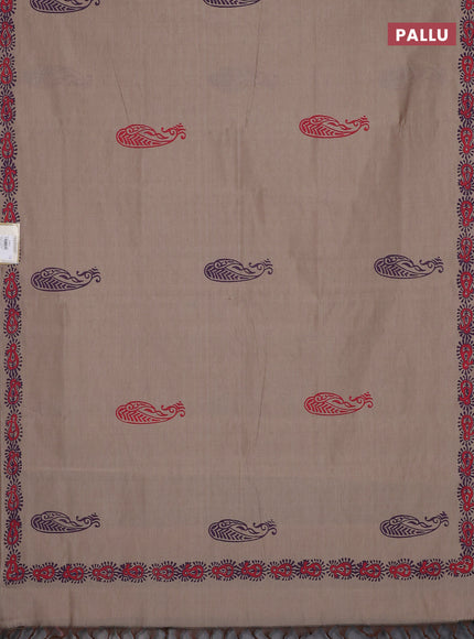 Semi silk cotton saree beige and purple with paisley butta prints and printed border