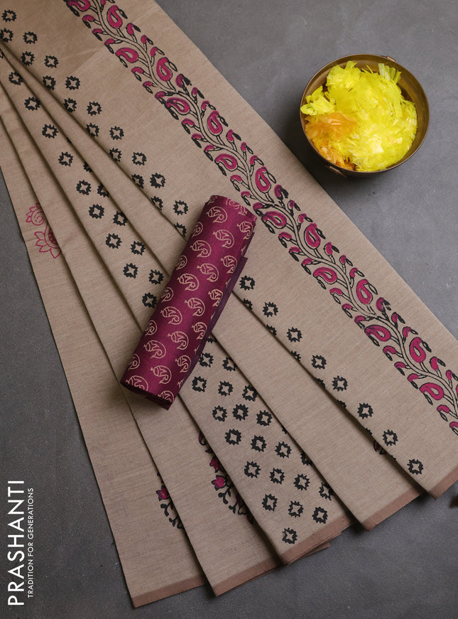 Semi silk cotton saree beige and dark magenat pink with butta prints and butta printed border