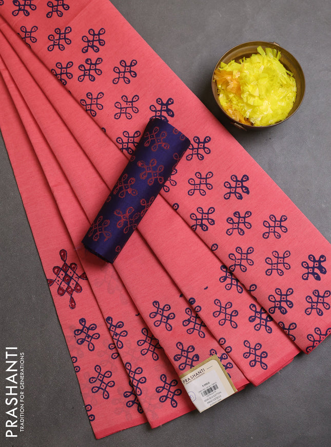 Semi silk cotton saree peach shade and blue with rangoli butta prints and printed border