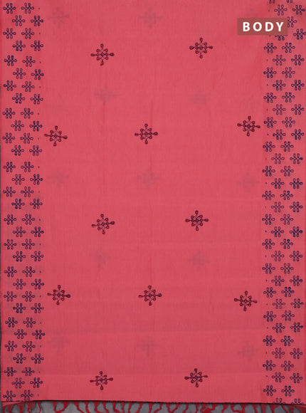 Semi silk cotton saree peach shade and blue with rangoli butta prints and printed border