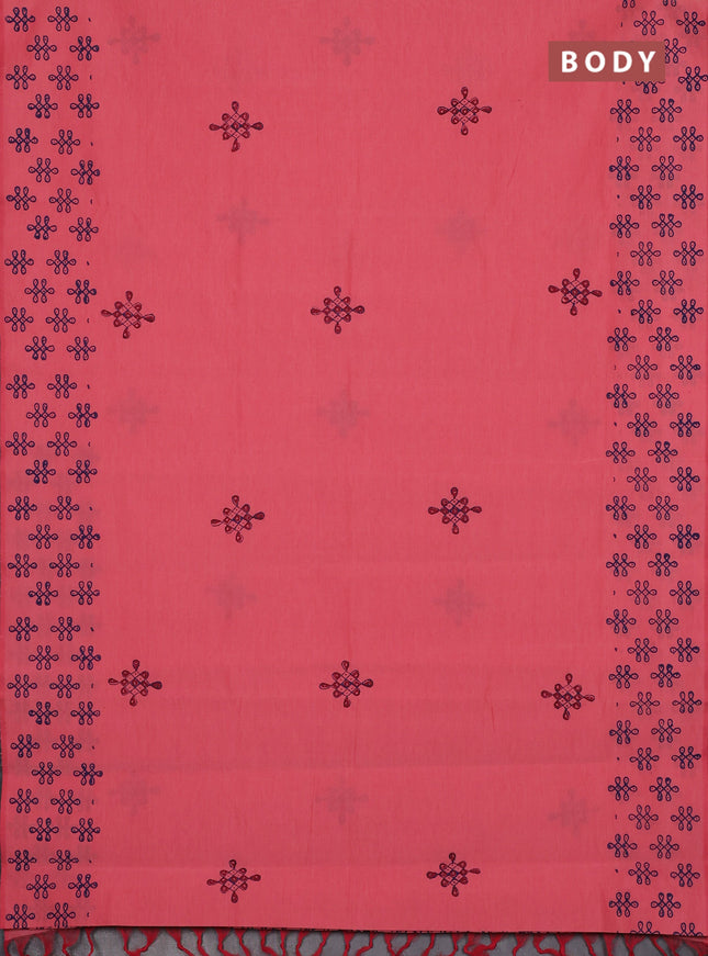 Semi silk cotton saree peach shade and blue with rangoli butta prints and printed border