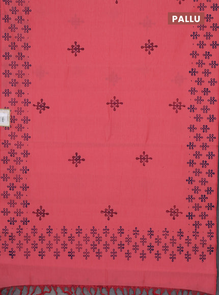 Semi silk cotton saree peach shade and blue with rangoli butta prints and printed border
