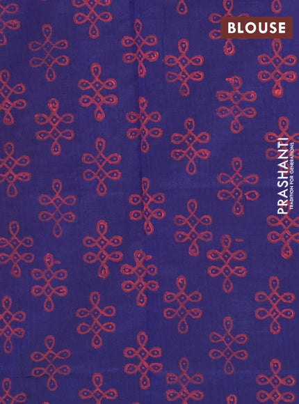 Semi silk cotton saree peach shade and blue with rangoli butta prints and printed border