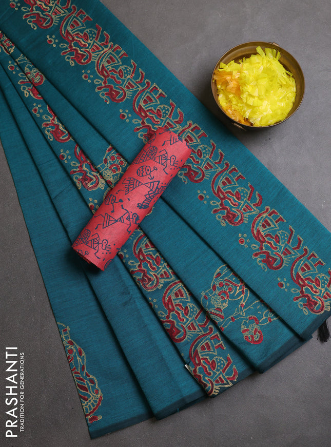 Semi silk cotton saree peacock green and red shade with butta prints and butta printed border