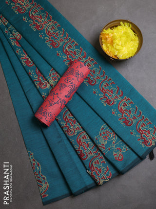 Semi silk cotton saree peacock green and red shade with butta prints and butta printed border