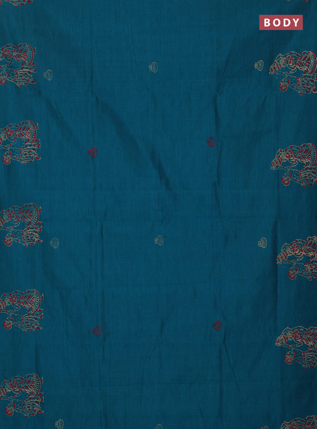 Semi silk cotton saree peacock green and red shade with butta prints and butta printed border