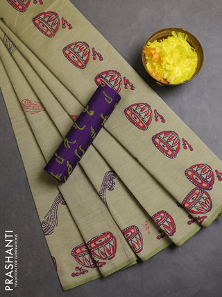Semi silk cotton saree pista green and violet with musical instrument butta prints and butta printed border