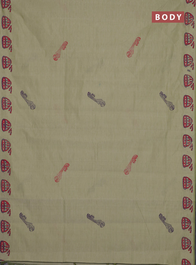 Semi silk cotton saree pista green and violet with musical instrument butta prints and butta printed border