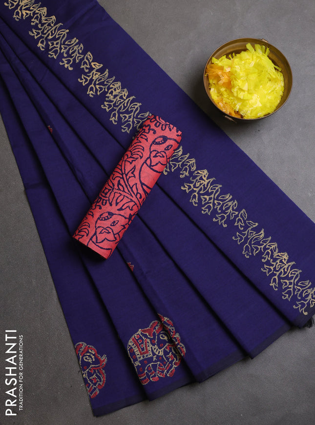 Semi silk cotton saree blue and red shade with plain body and butta printed border