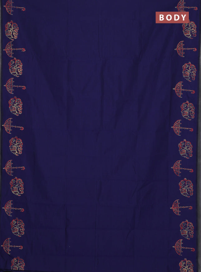Semi silk cotton saree blue and red shade with plain body and butta printed border