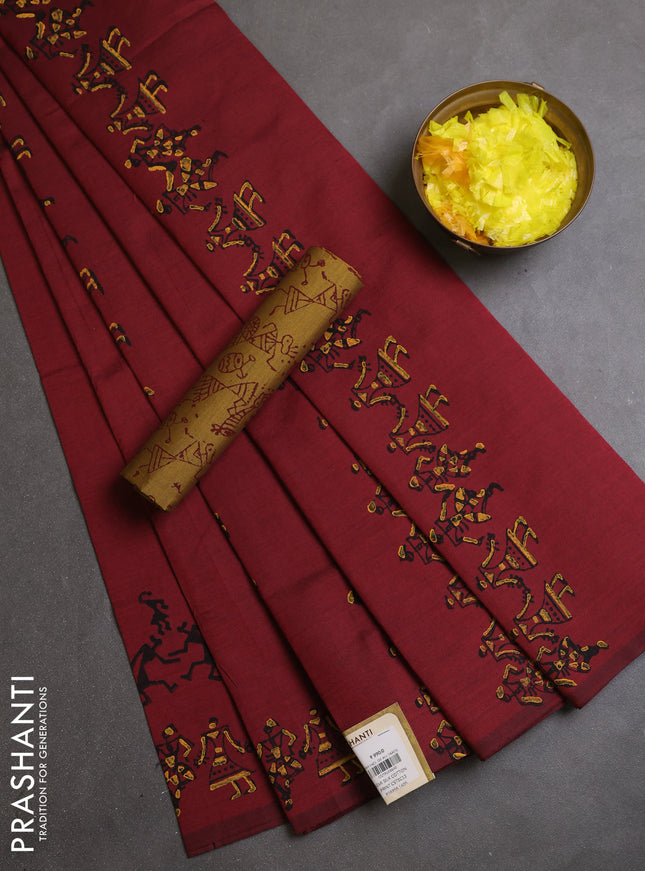 Semi silk cotton saree maroon and mustard yellow with warli butta prints and printed border