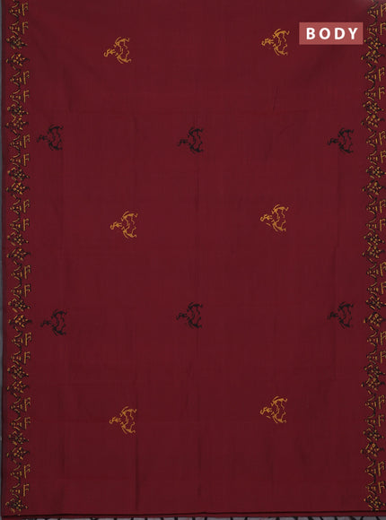 Semi silk cotton saree maroon and mustard yellow with warli butta prints and printed border
